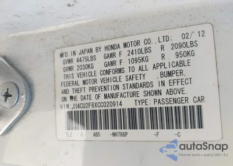 2012 Acura Tsx 2.4 z USA, uszkodzony, nr VIN JH4CU2F6XCC020914